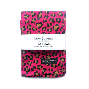 Bean & Bemble Wild Cat Leopard Print Hot Pink Tea Towel