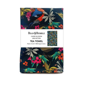 Bean & Bemble Tea Towel Cherry Blossom British Garden Birds Tea Towel cherry Blossom Floral Cotton Navy Blue patterned