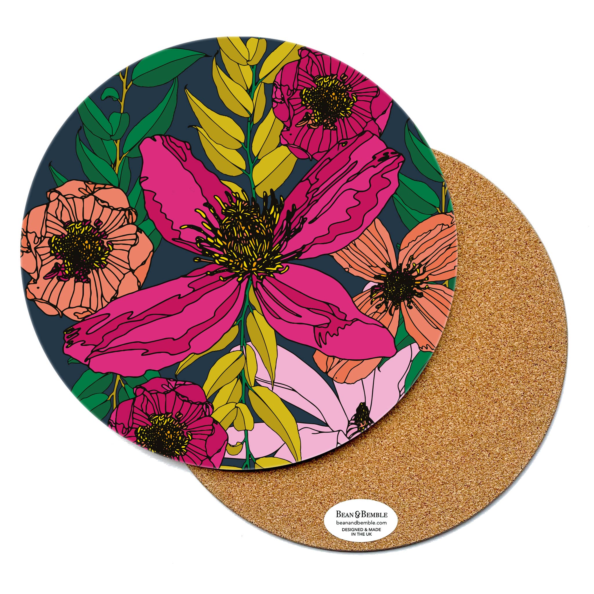 Bean & Bemble Placemat Large Round Melamine Vivid Blooms Big Flower