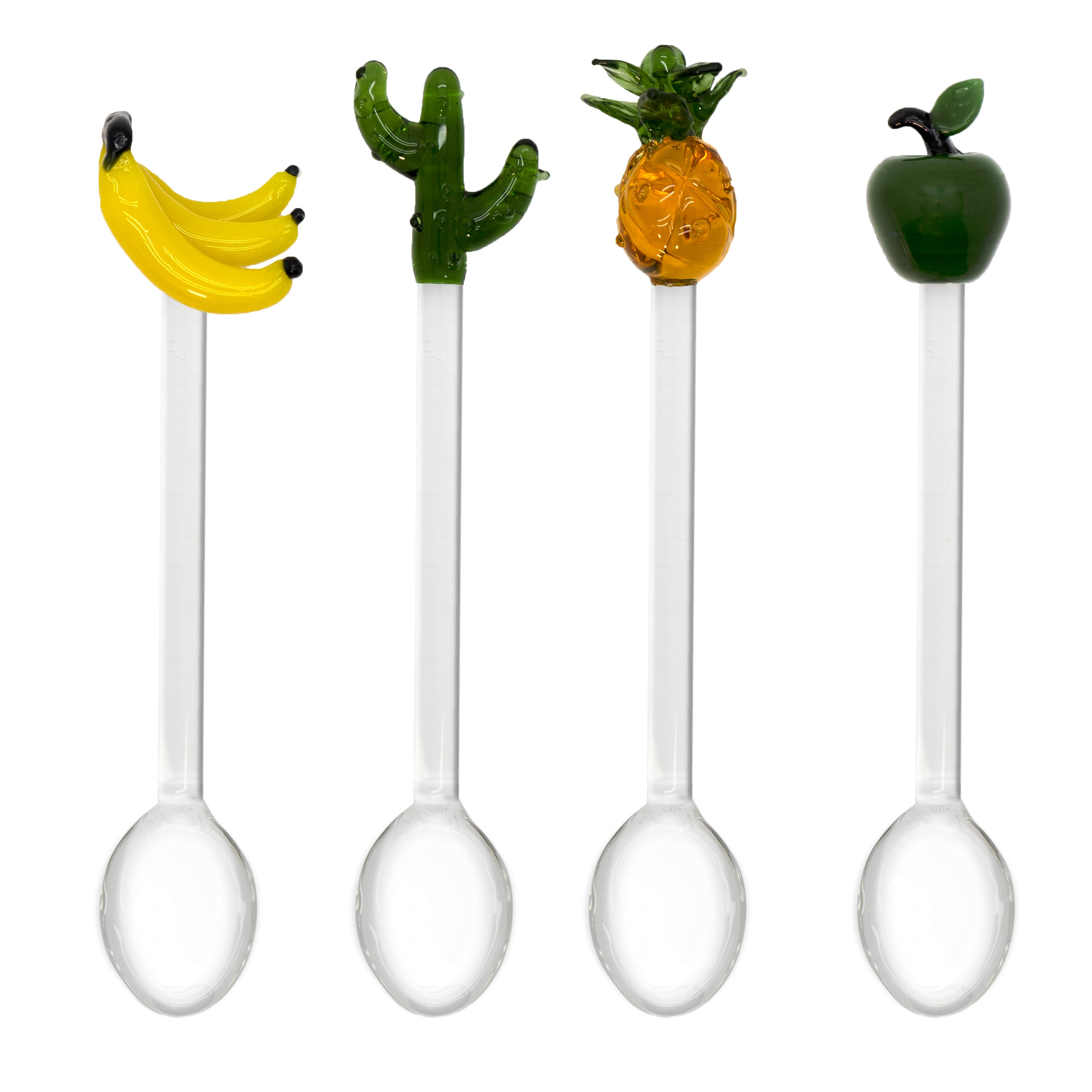 Set Of 4 Teaspoons With Apple, Banana, Pineapple And Cactus Decoration