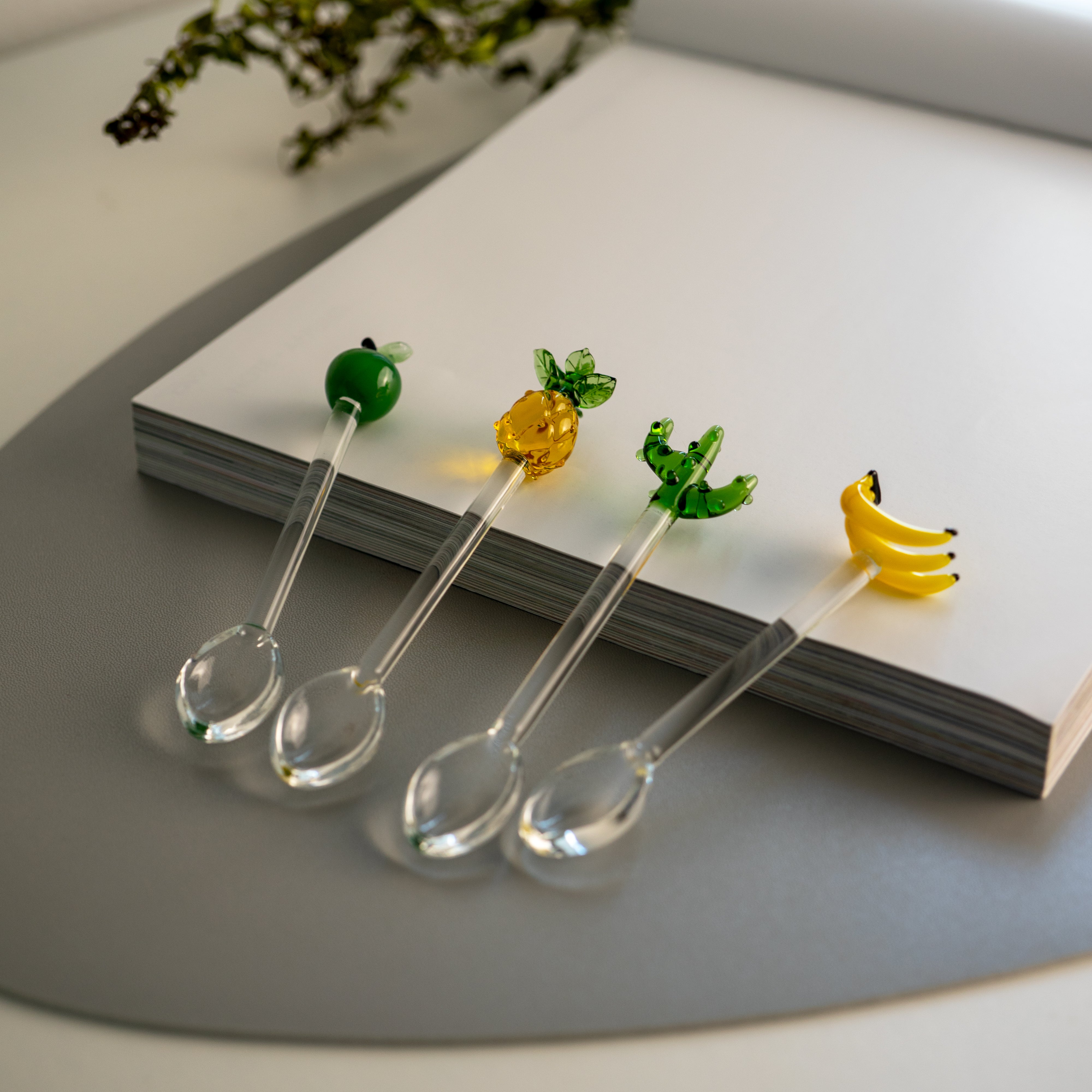 Set Of 4 Teaspoons With Apple, Banana, Pineapple And Cactus Decoration