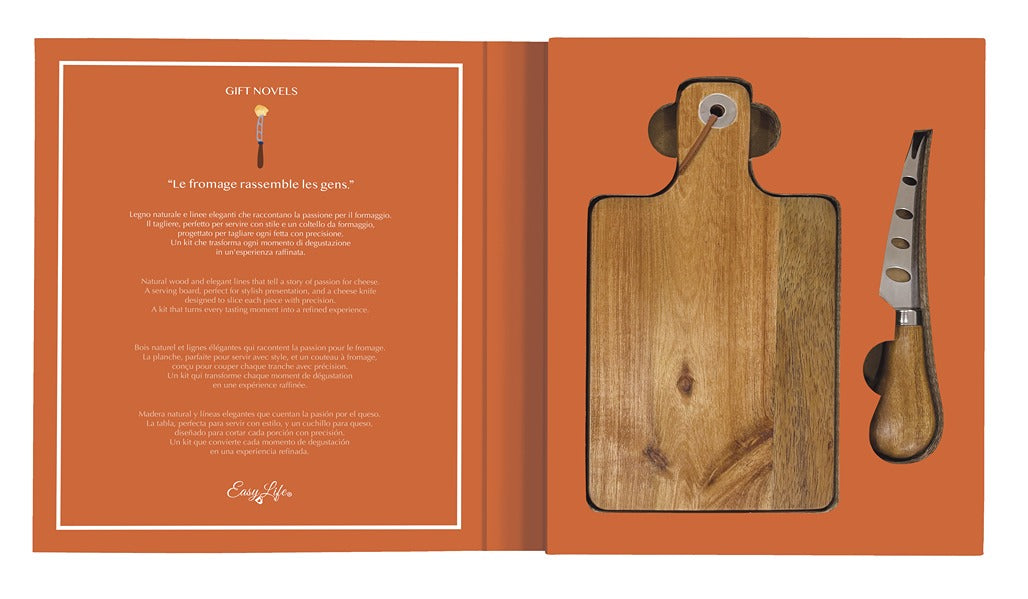 2 Piece Cheese Set - Rect. Cutting Board In Acacia + Knife In Gift Novel Gift Box