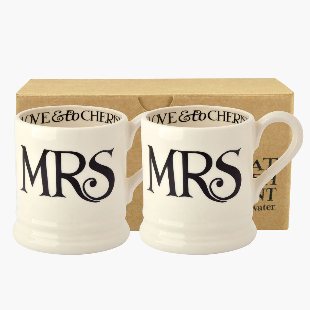 Emma Bridgewater Black Toast 'Mrs & Mrs' Set of 2 1/2 Pint Mugs Boxed