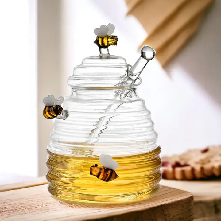 Glass Honey Jars with Lids and Honey Stick | Honey Pot