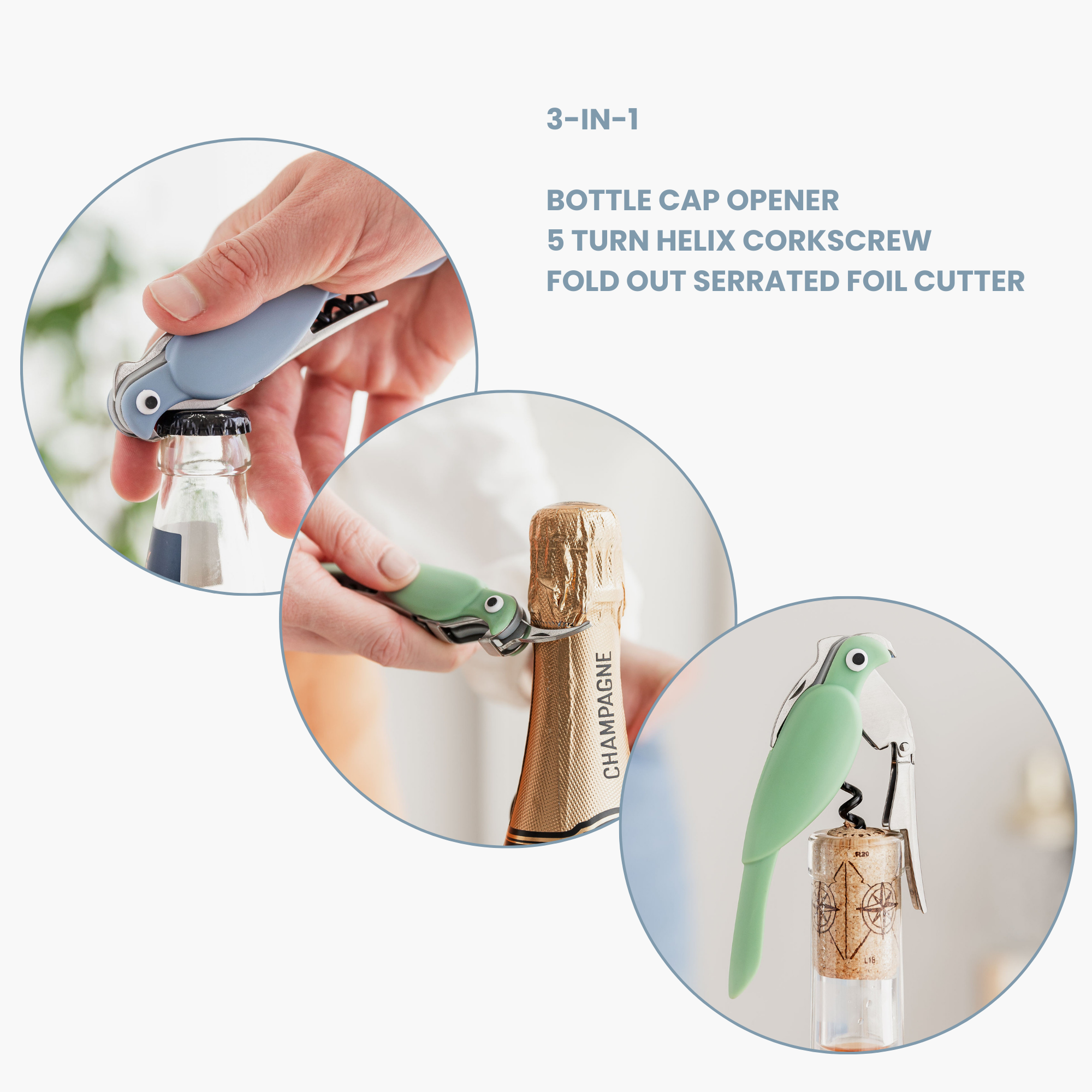 Uberstar Budgie Bottle 3-in-1 Bottle Opener Corkscrew: Blue