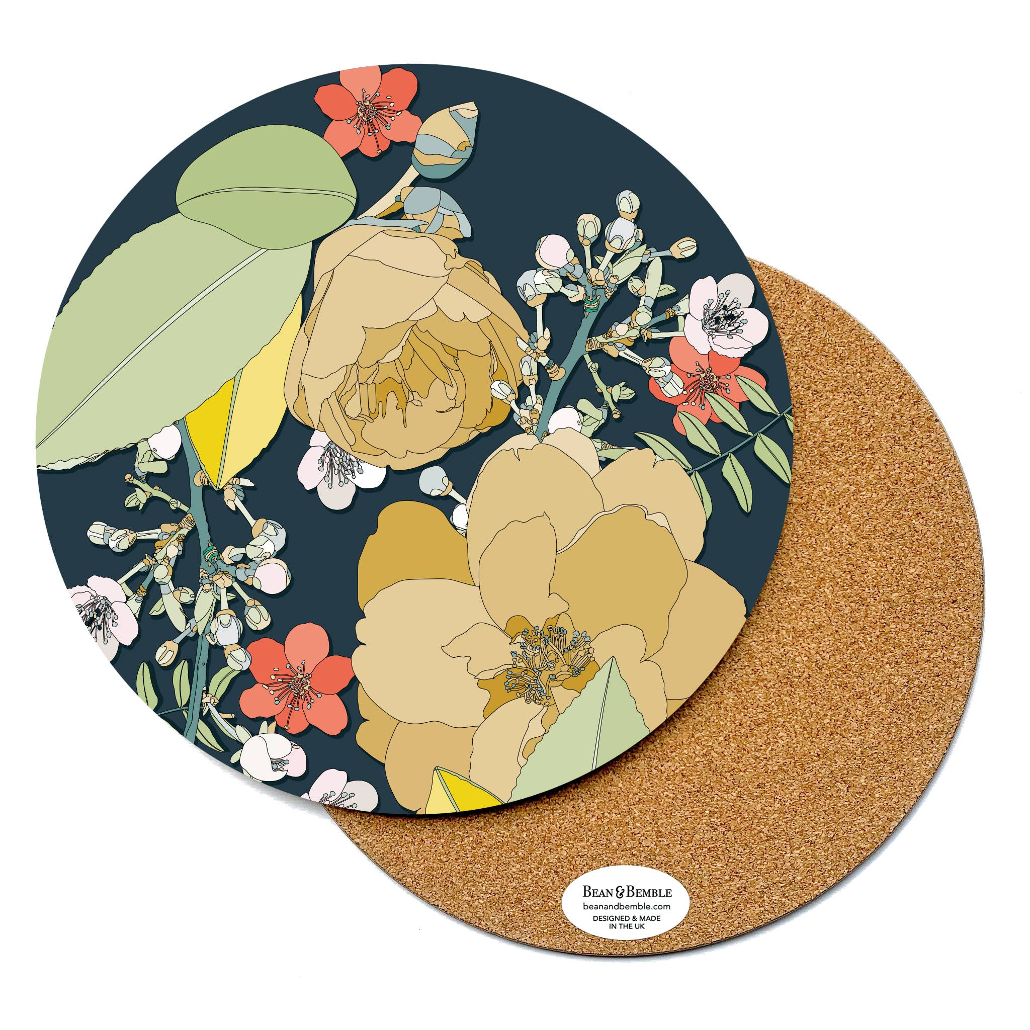 Bean & Bemble Placemat Large Round Melamine Wooden Chica Camellia Navy