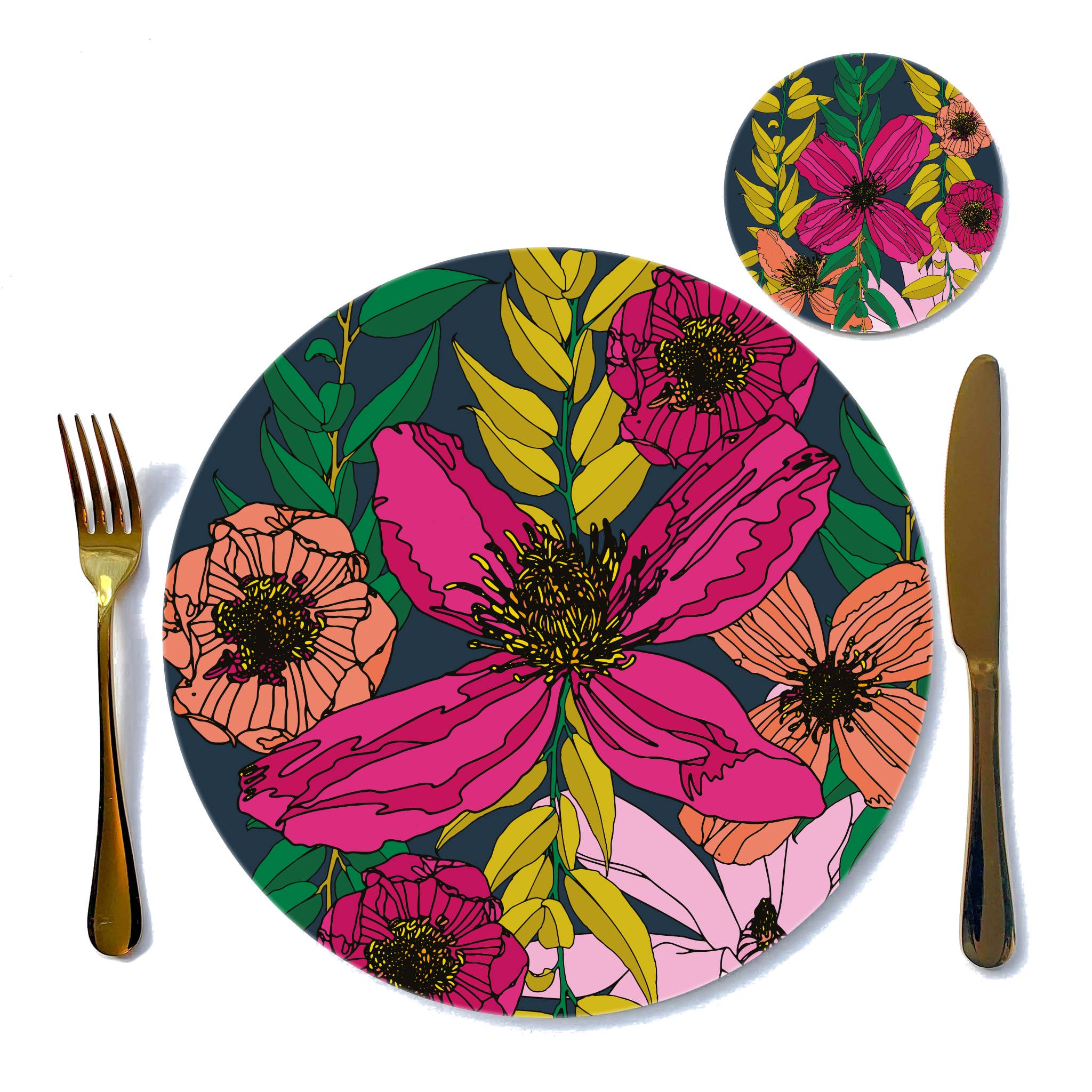 Bean & Bemble Placemat Large Round Melamine Vivid Blooms Big Flower