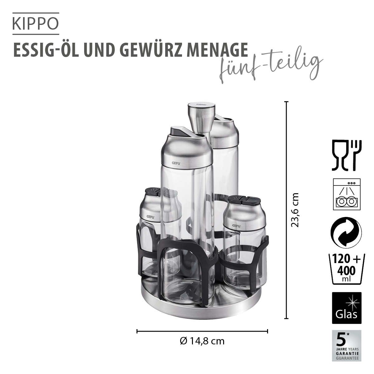 Gefu Vinegar-oil and Spice Cruet Stand KIPPO, 5-piece