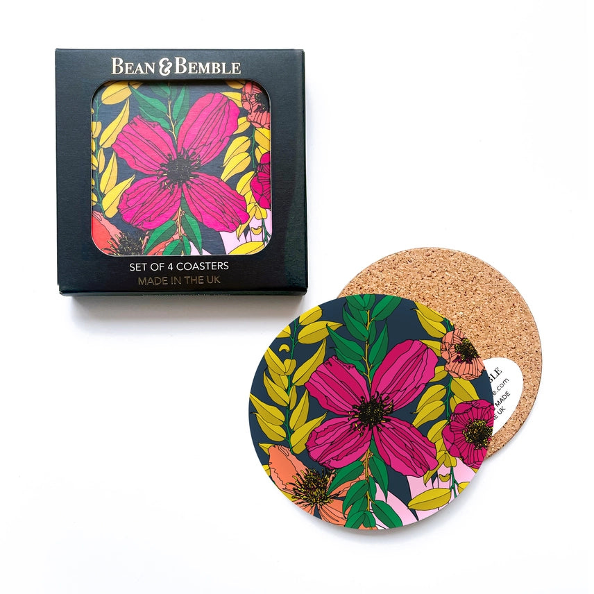 Bean & Bemble Coasters Box Set Round Melamine Wood Vivid Garden Blooms Navy Blue Floral
