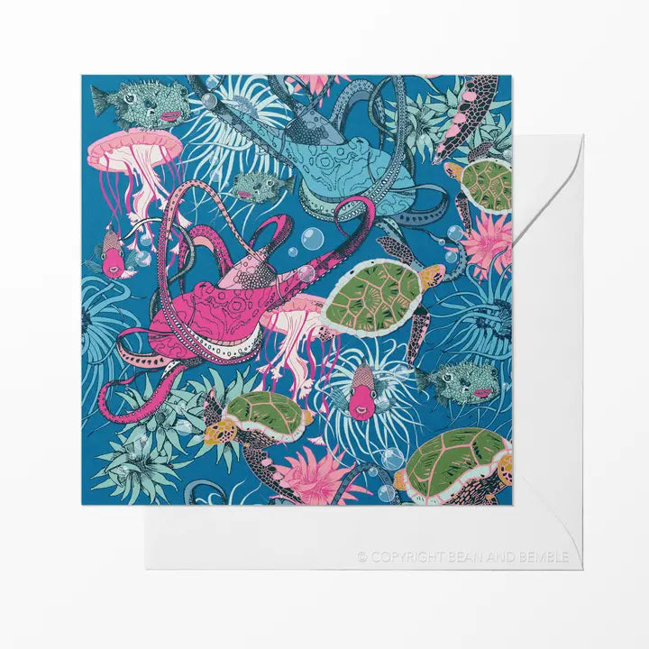 Bean & Bemble Greeting Card Eco Friendly Octopodidae Sealife Pattern Blue