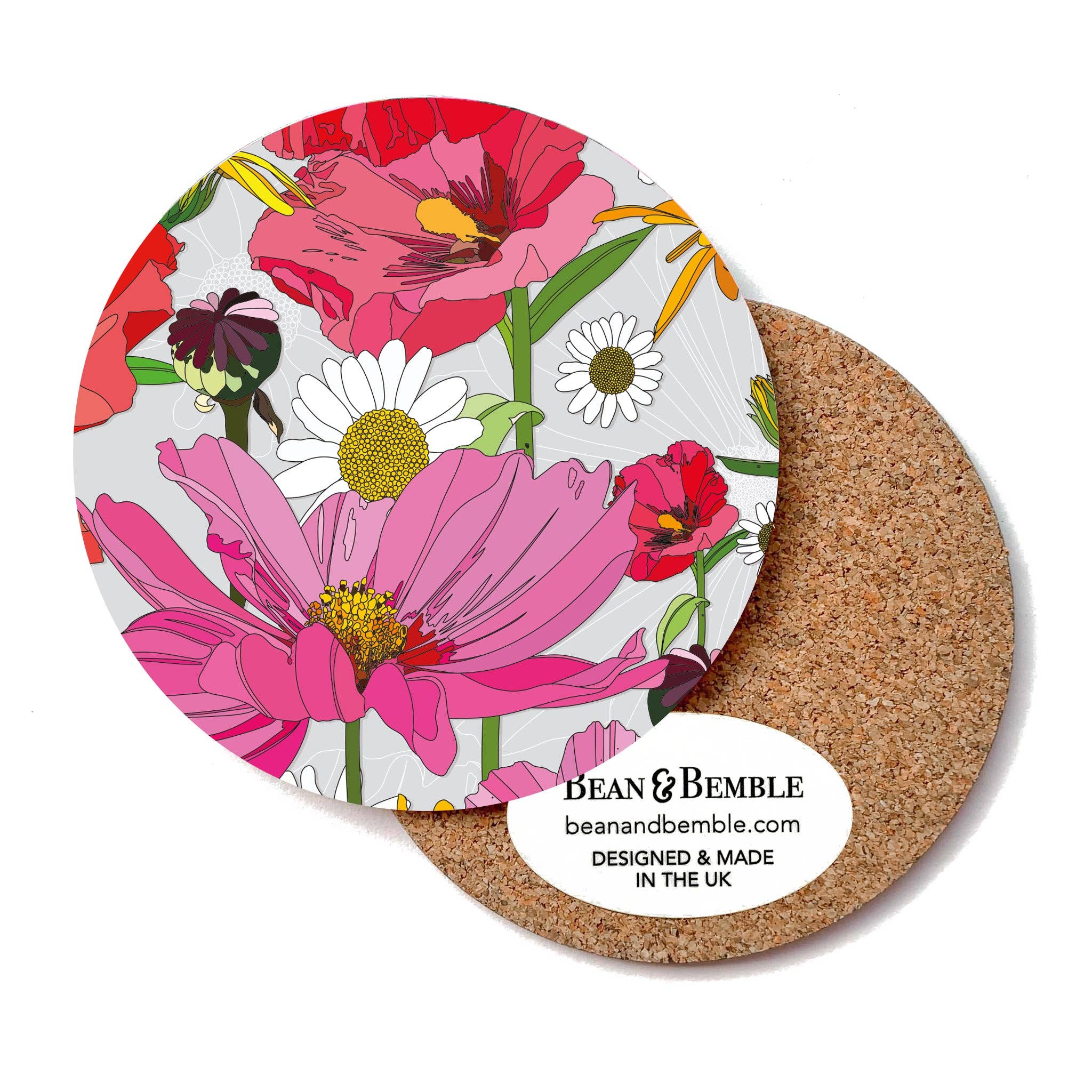 Bean & Bemble Coaster Round Melamine Wood Summer Poppies Grey Floral Pattern