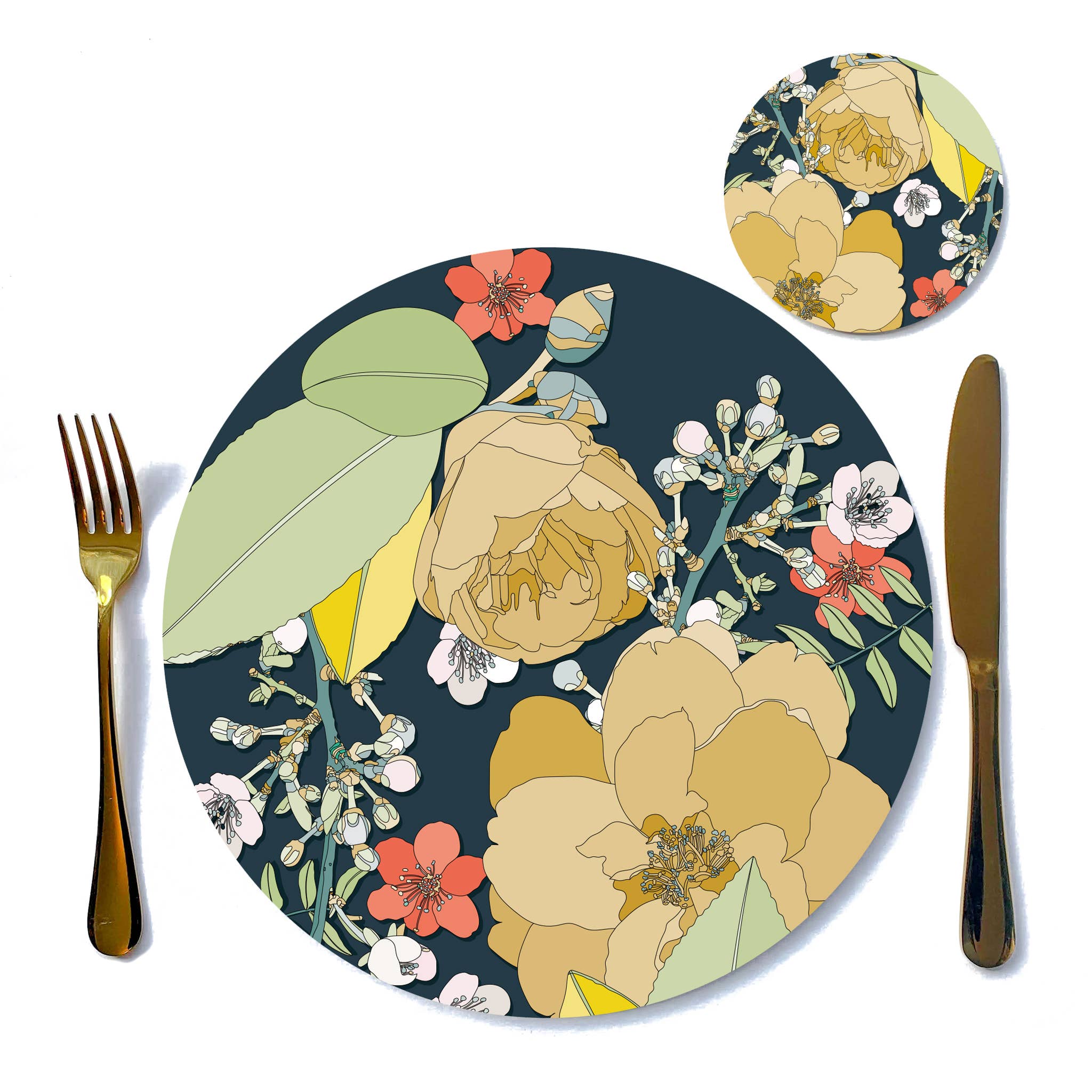 Bean & Bemble Placemat Large Round Melamine Wooden Chica Camellia Navy
