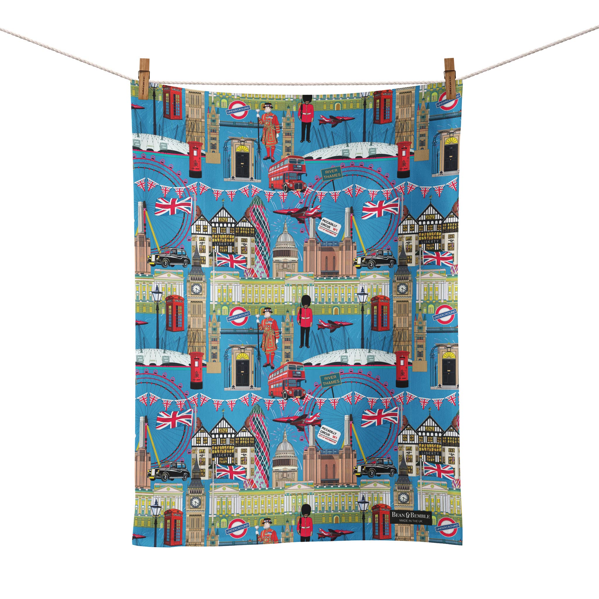 Bean & Bemble Tea Towel - UK Made - Colourful London Blue - Organic Cotton