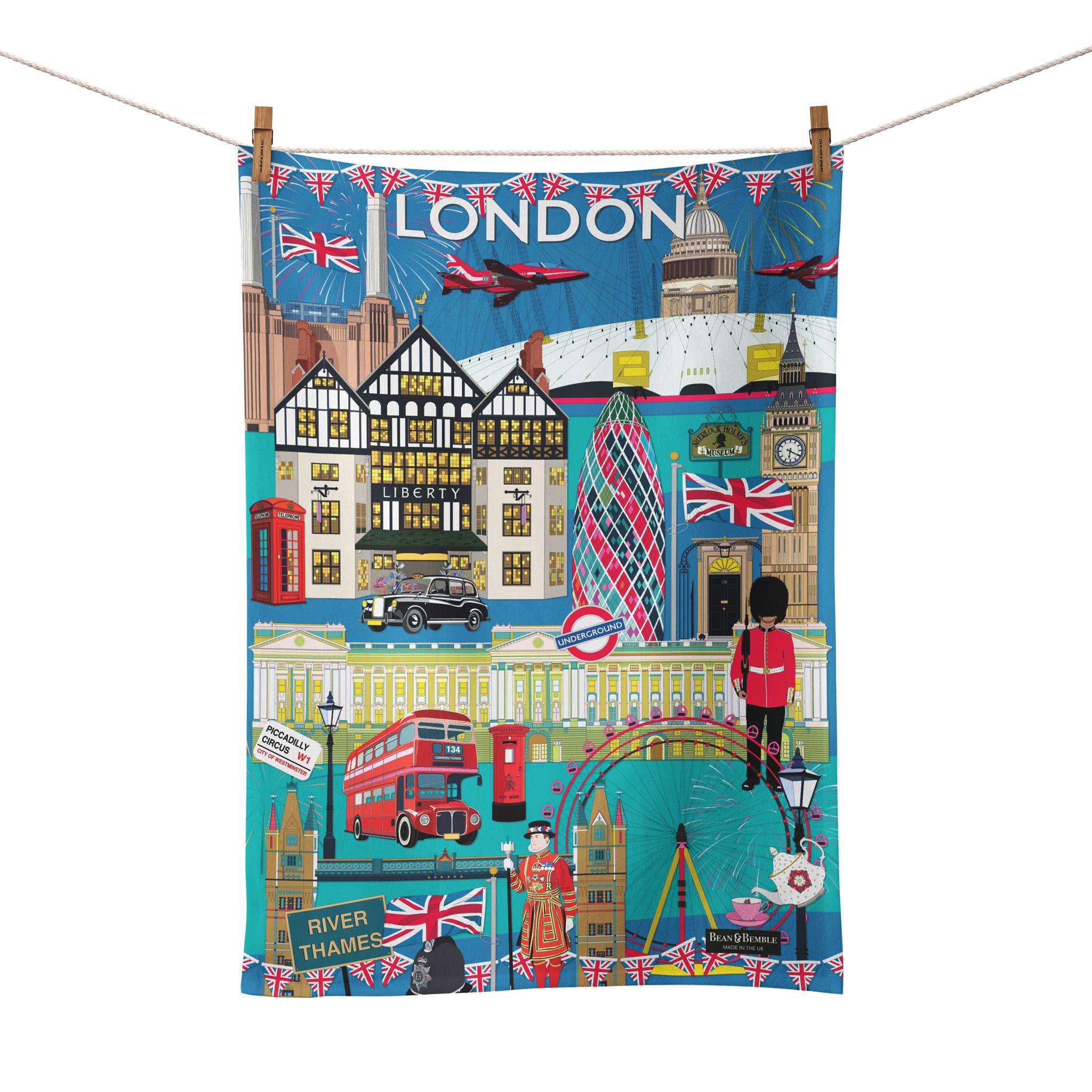 Bean & Bemble Tea Towel - UK Made - Colourful London - Organic Cotton