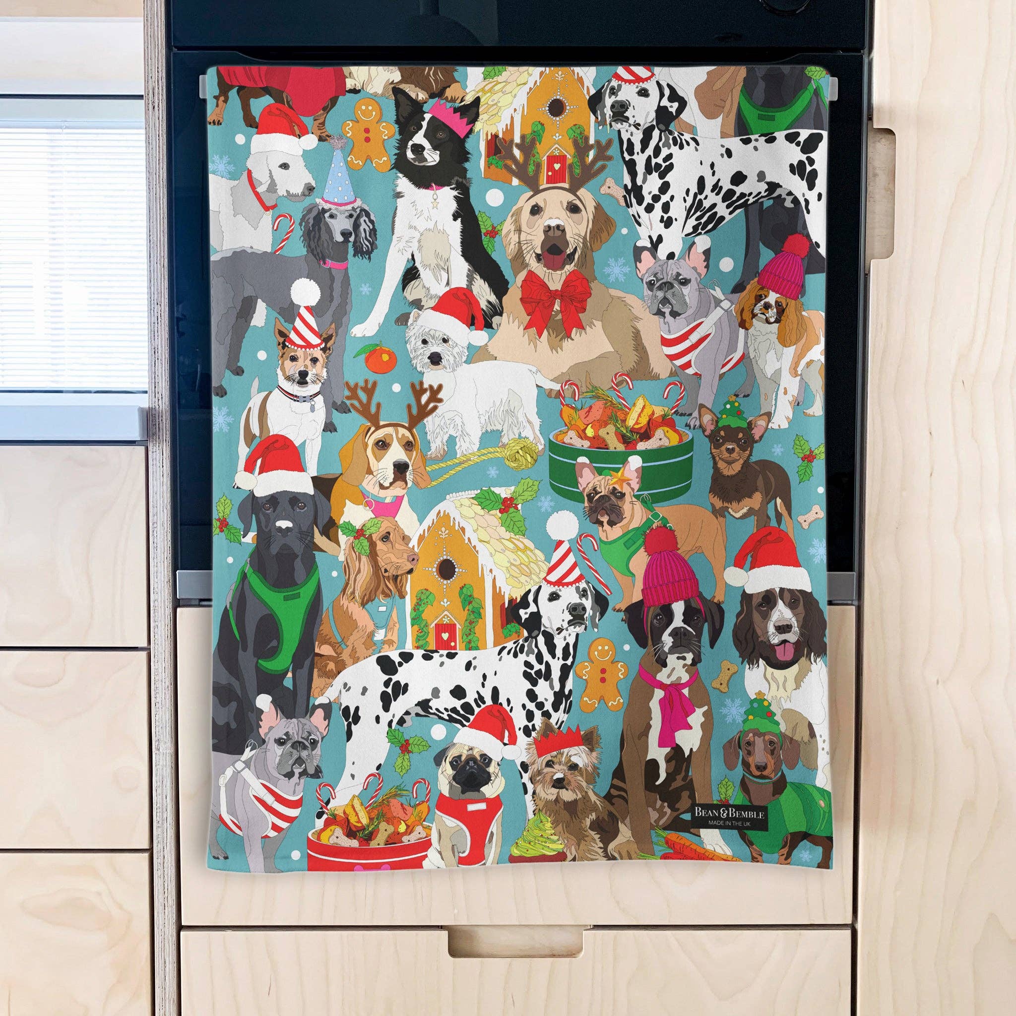 Bean & Bemble Christmas Dogs Patterned Organic Cotton British Tea Towel