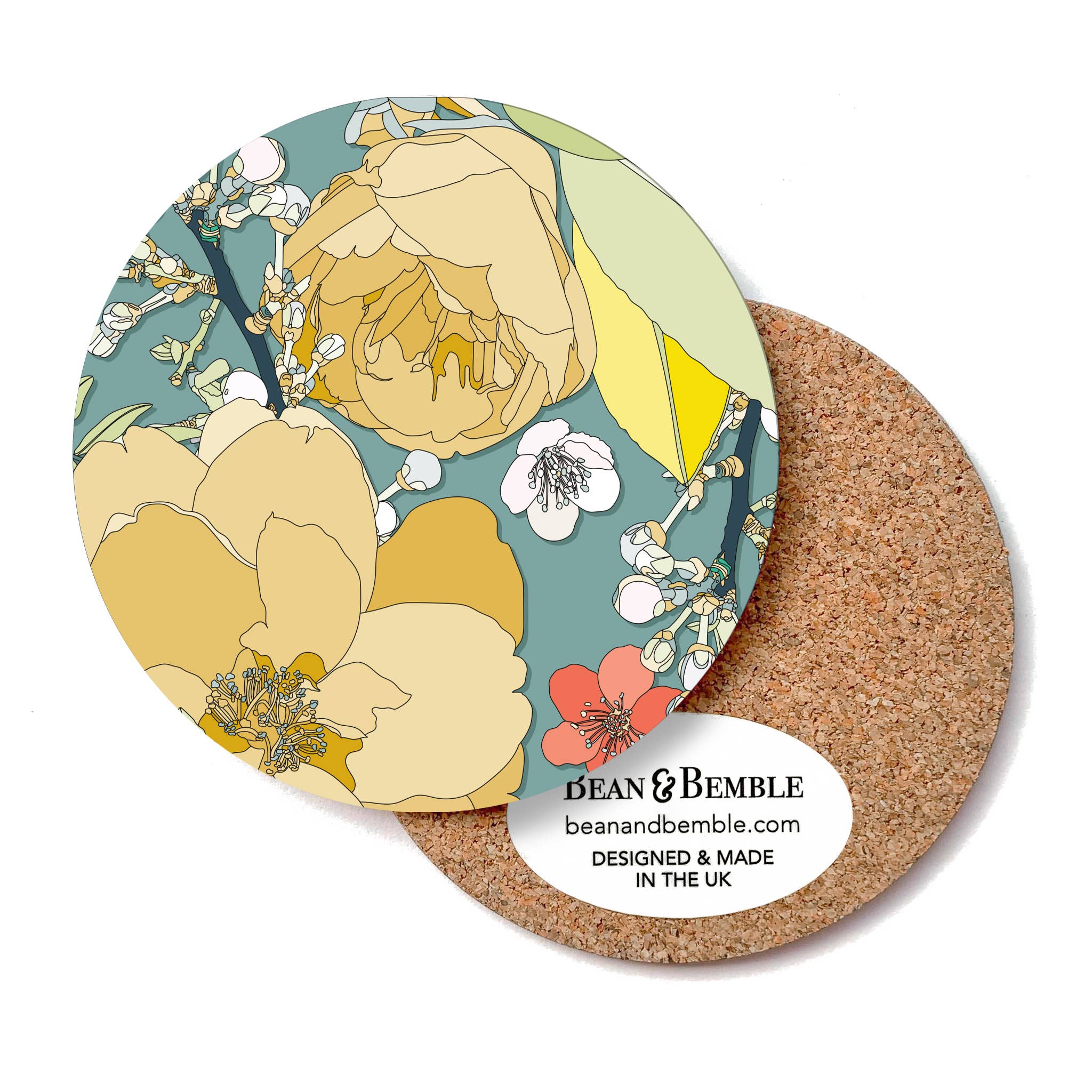 Bean & Bemble Coaster Round Melamine Wood Retro Chica Camellia Teal
