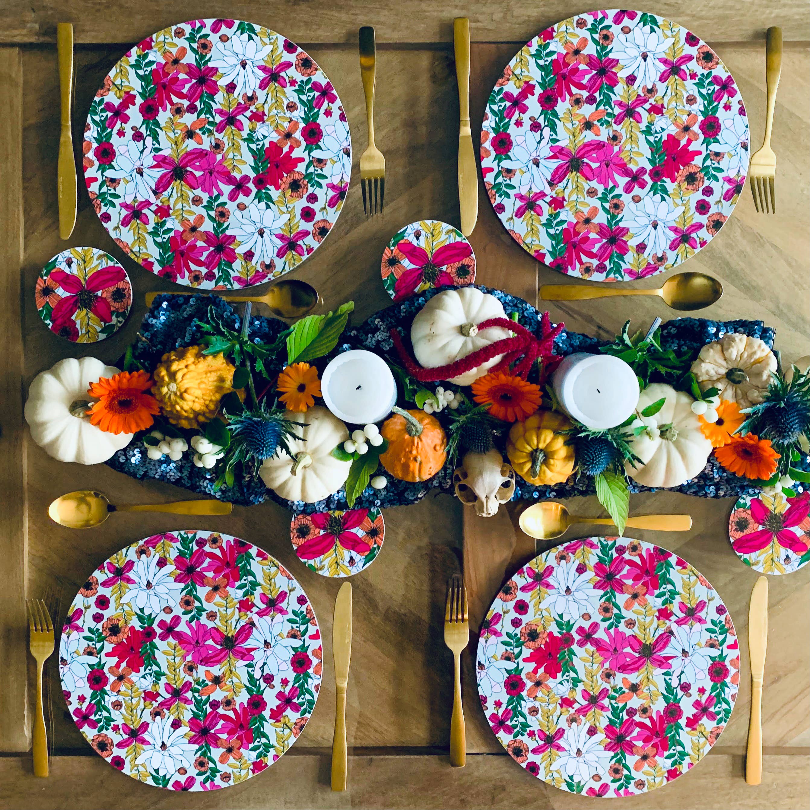Bean & Bemble Placemat Large Round Melamine Vivid Garden Blooms Patterned