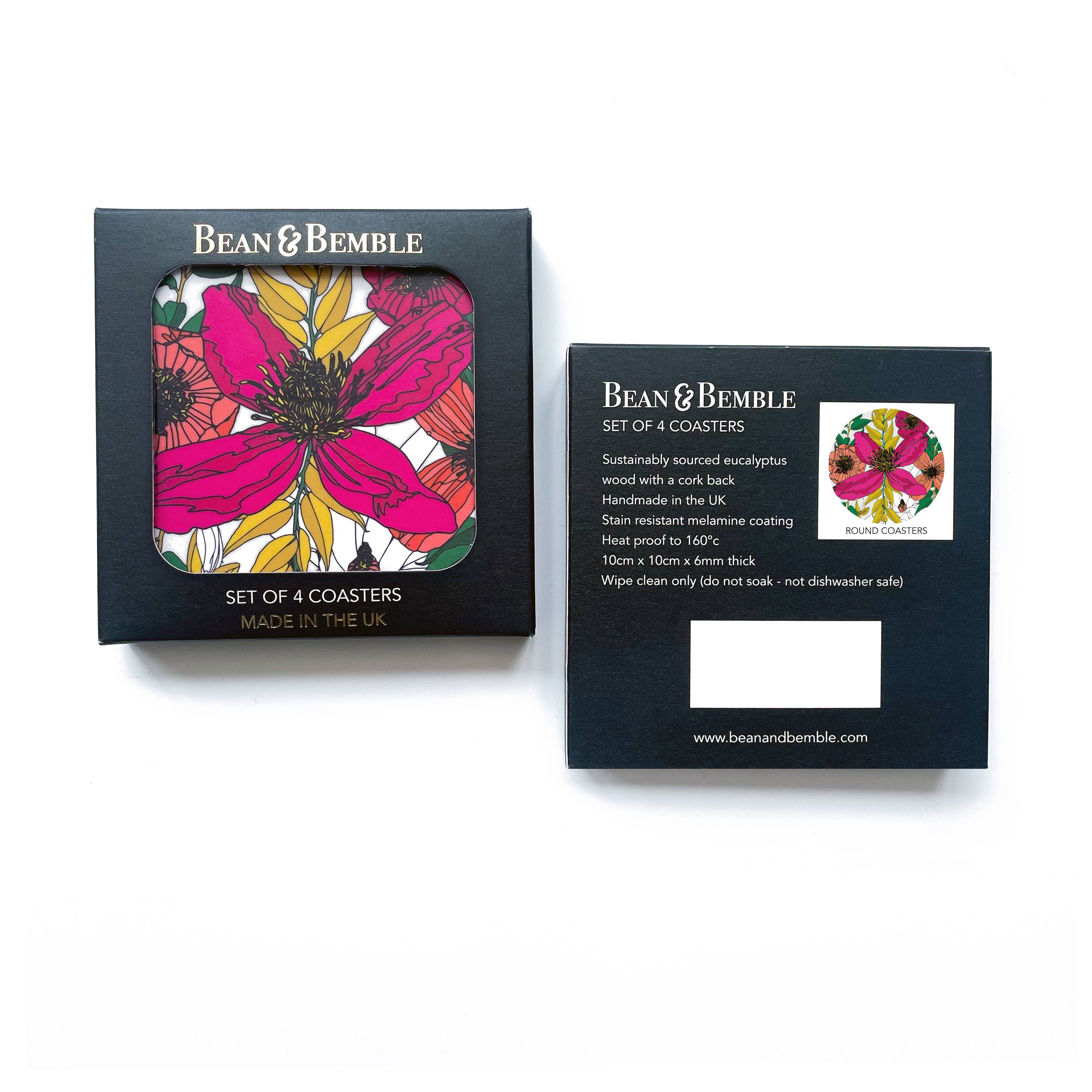 Bean & Bemble Coasters Box Set Round Melamine Wood Vivid Garden Blooms Floral