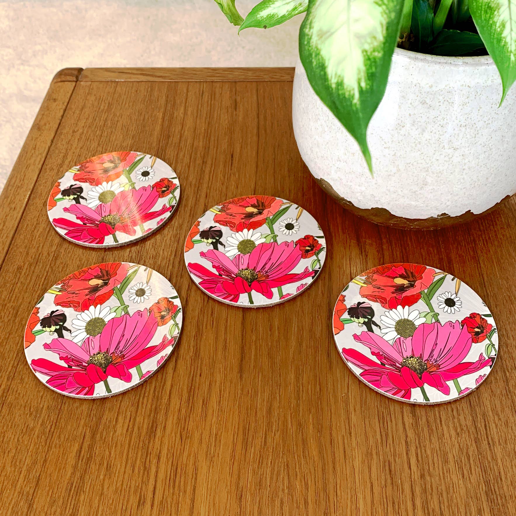 Bean & Bemble Coaster Round Melamine Wood Summer Poppies Grey Floral Pattern