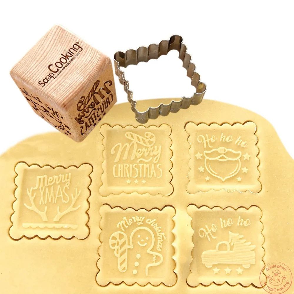 ScrapCooking Engraved Christmas Wooden Cookie Stamp & Cutter Set Of 5 Sides