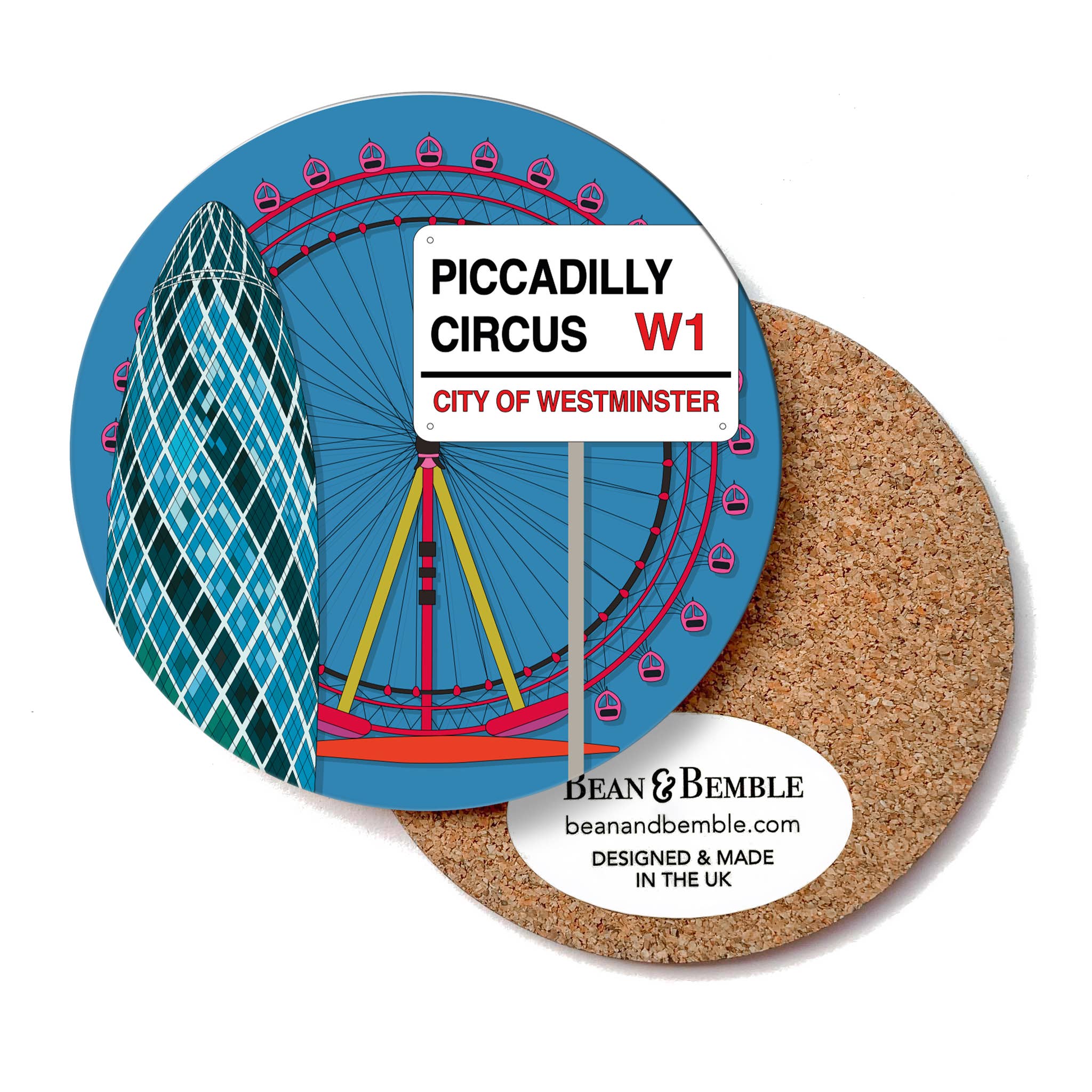 Bean & Bemble Coaster Melamine Wooden London Souvenir - Piccadilly Circus