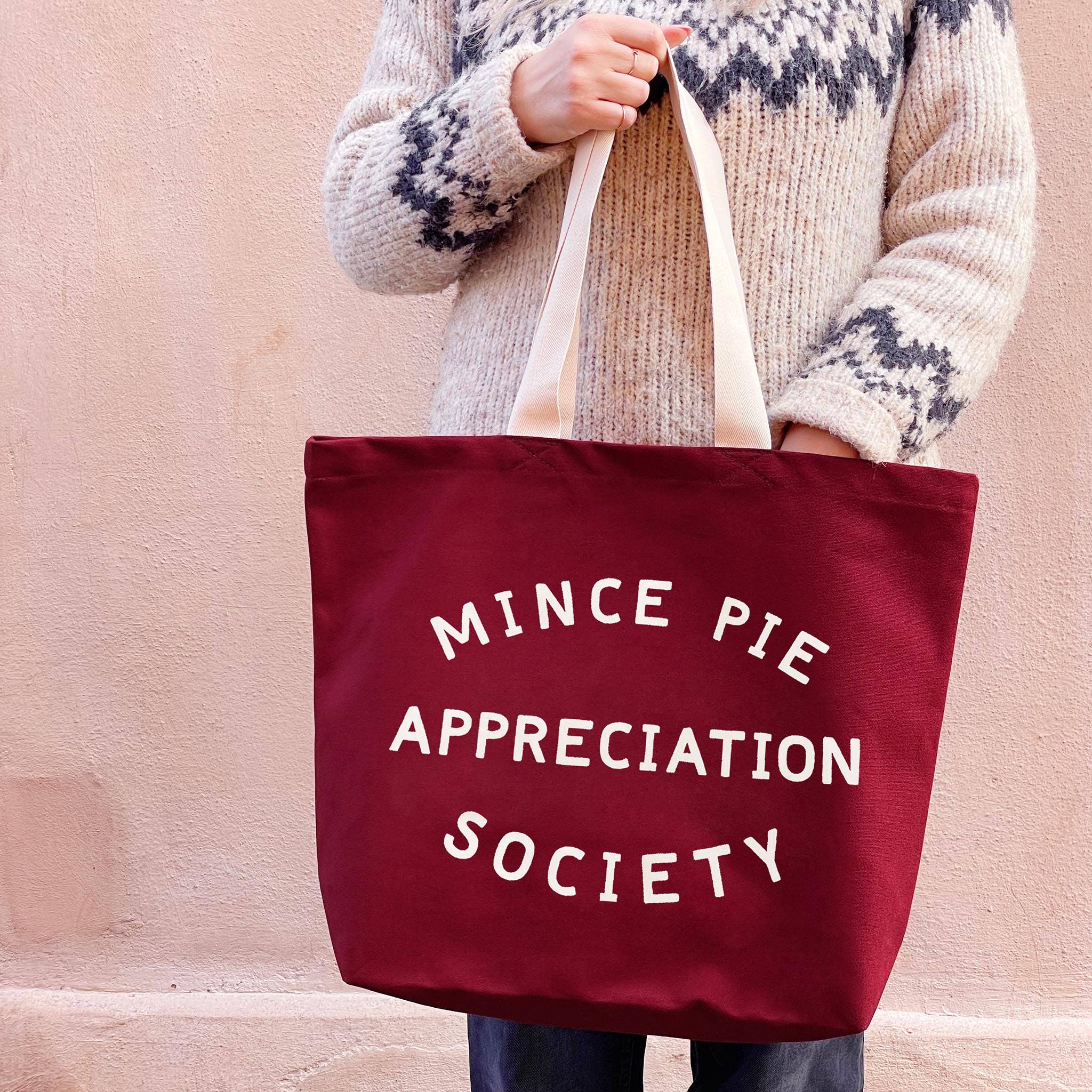 Alphabet Bags Mince Pie Appreciation Society - Burgundy Canvas Tote Bag