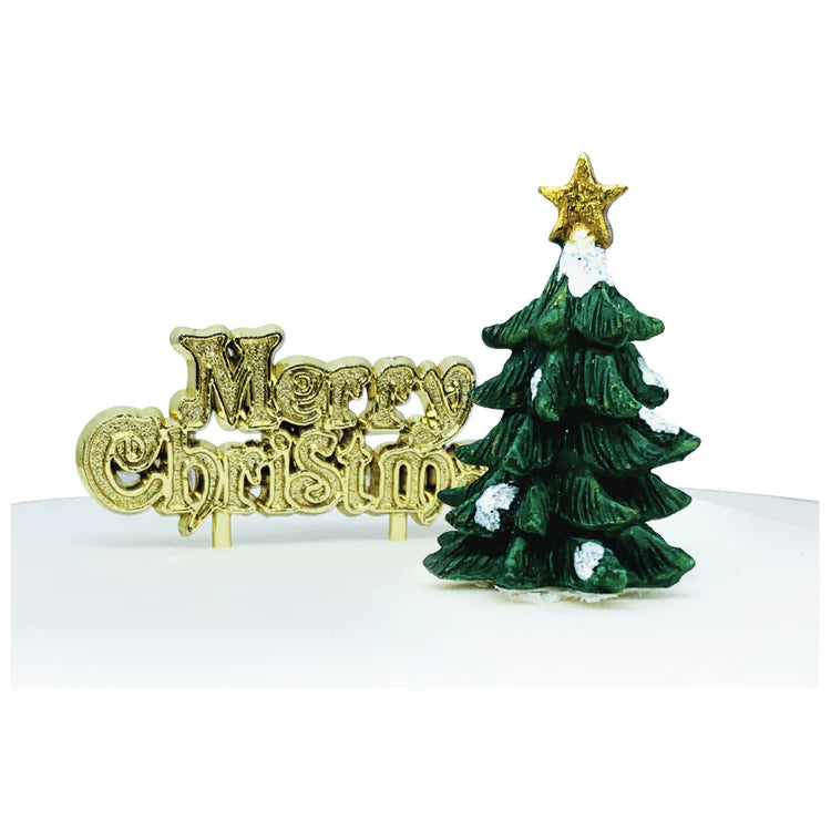 Anniversary House Green Tree Resin Cake Topper & Gold Merry Christmas Motto