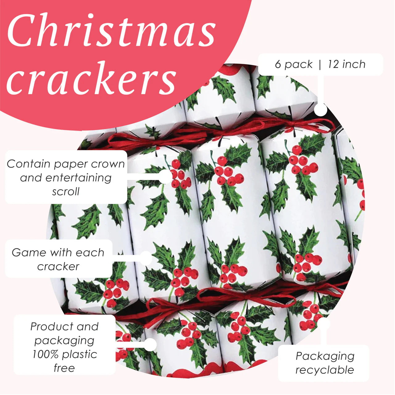Talking Tables Holly White Christmas Crackers - 6 Pack