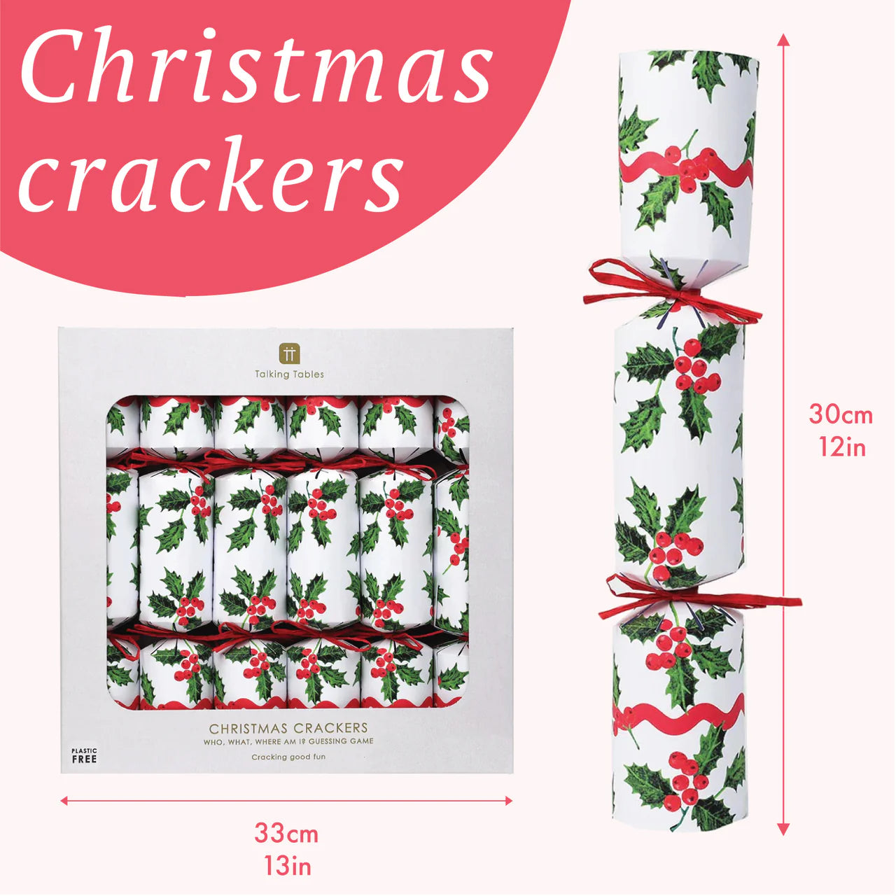 Talking Tables Holly White Christmas Crackers - 6 Pack