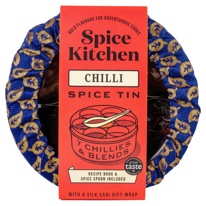 Spice Kitchen Chilli Spice Tin With 6 Chillies & 1 Harissa Paste,  Silk Sari Gift Wrap