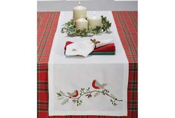 Walton & Co Embroidered Robin Runner White