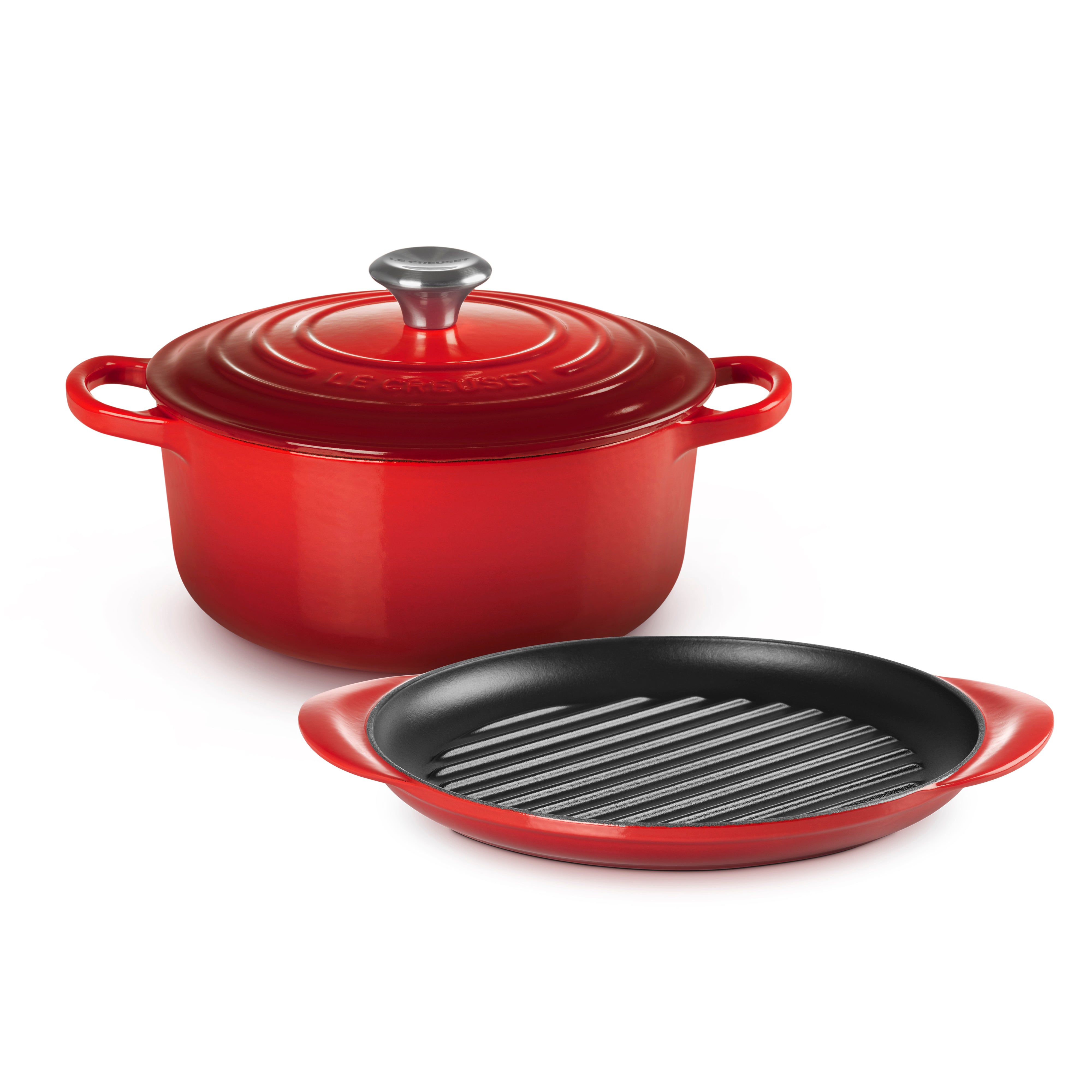 Le Creuset Cast Iron 2-Piece Set Signature Round Casserole 22cm & Round Grill 25cm