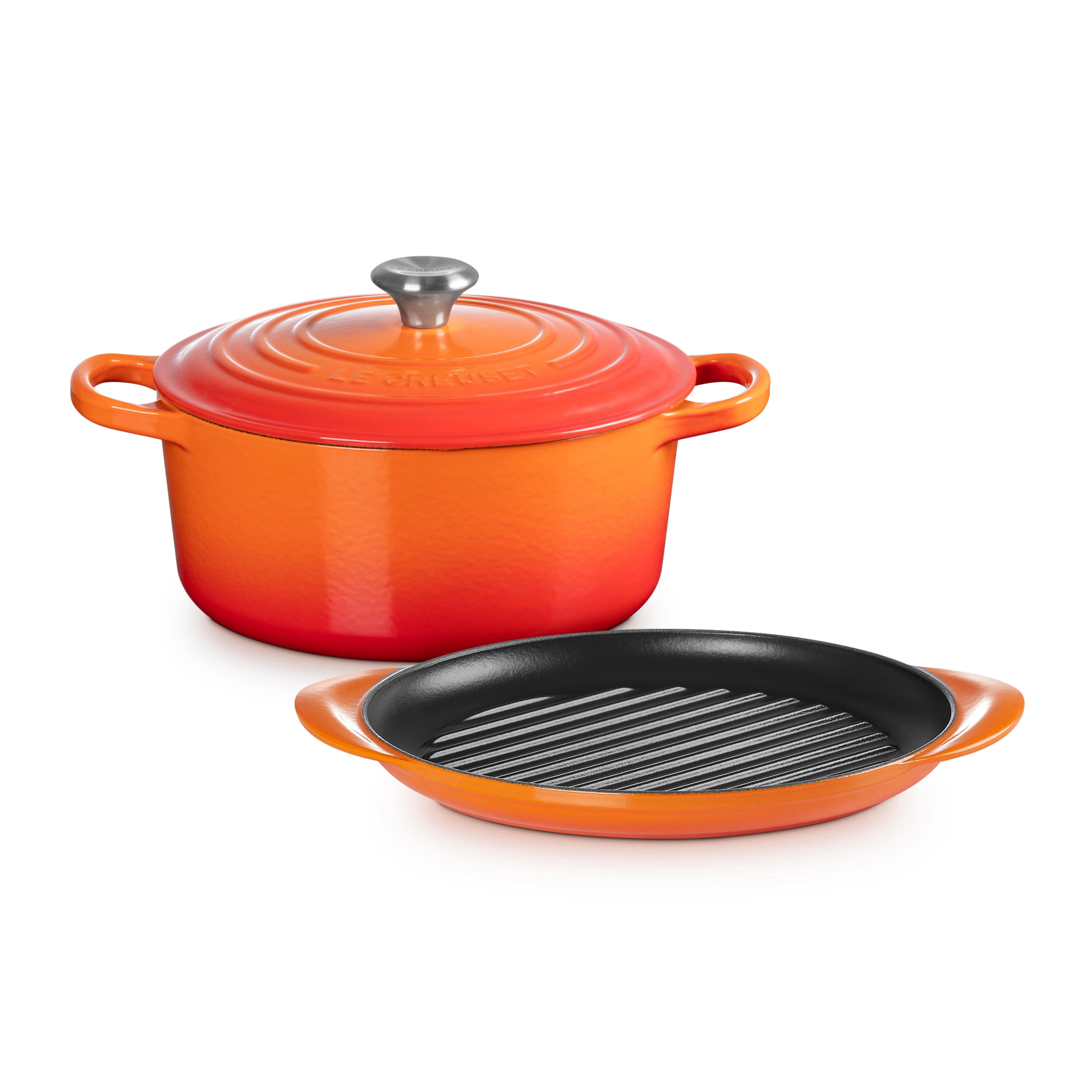 Le Creuset Cast Iron 2-Piece Set Signature Round Casserole 22cm & Round Grill 25cm