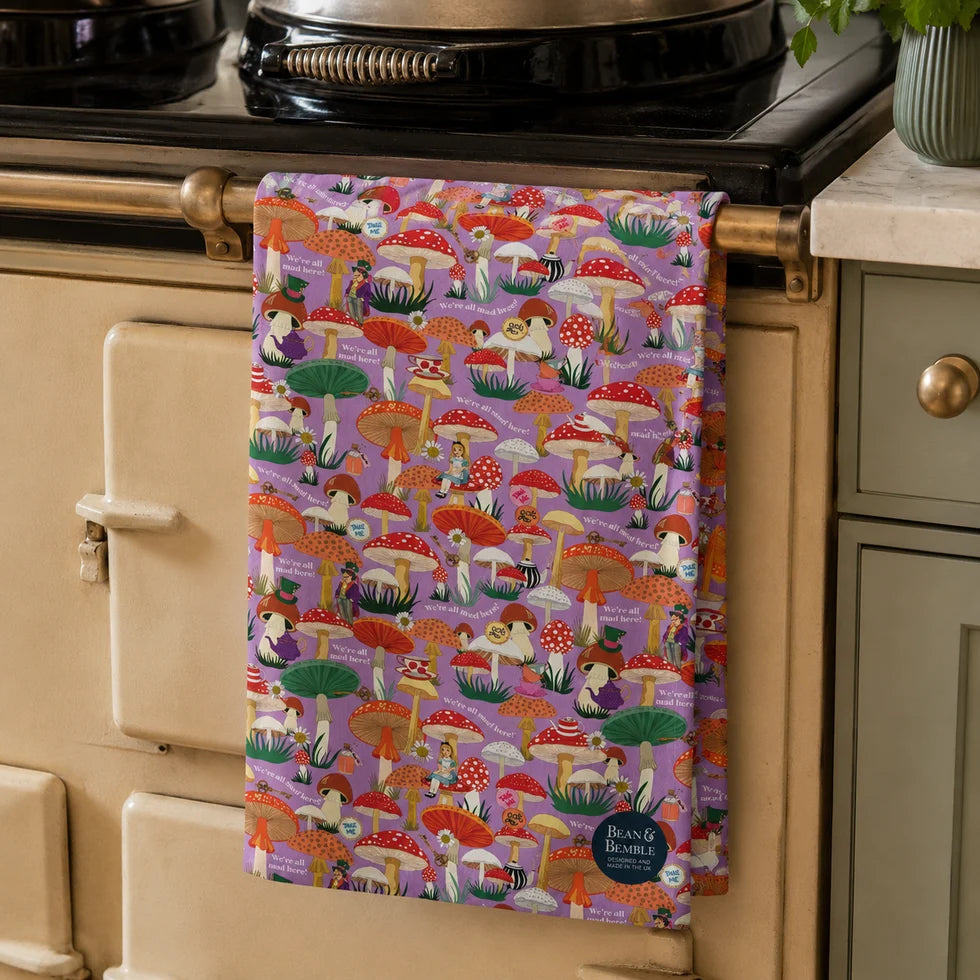 Bean & Bemble New Mad Mushrooms Alice in Wonderland Organic Cotton Tea Towel