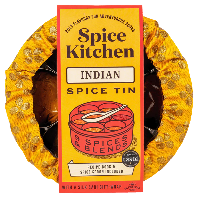 Spice Kitchen Indian Spice Tin 9 Spices & Blends, Silk Sari Gift Wrap