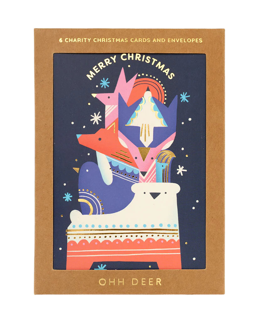 Oh Deer Ohh Deer Folk Animal Stack Christmas Card Set - Pack of 6