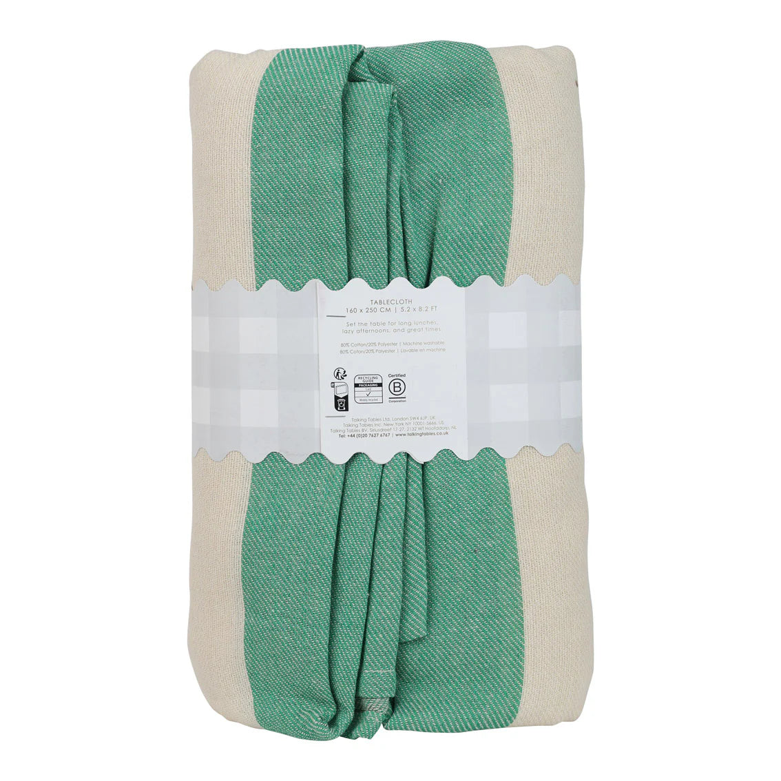 Talking Tables Green Stripe Cotton XL Tablecloth - 160cm x 250cm Spring
