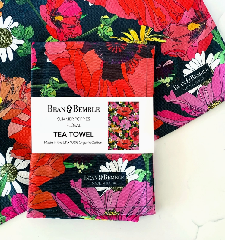 Bean & Bemble Tea Towel - Uk Made - Summer Poppies Floral - Organic Cotton