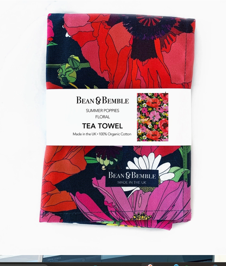 Bean & Bemble Tea Towel - Uk Made - Summer Poppies Floral - Organic Cotton