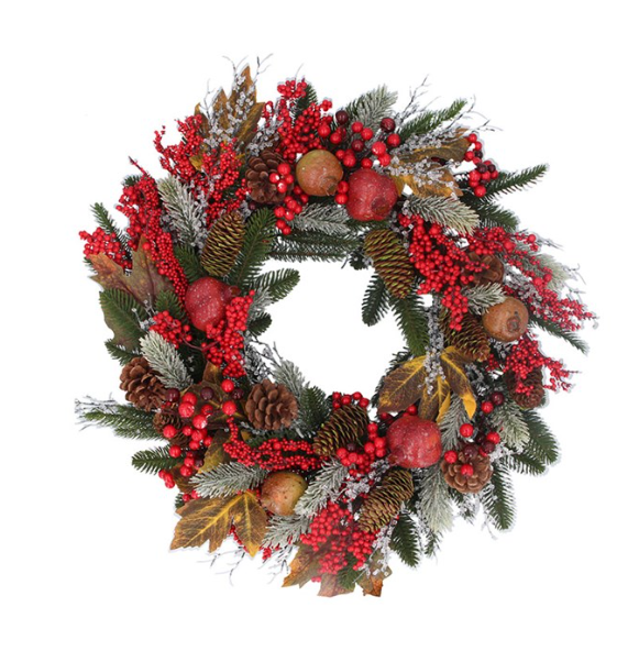 Gisela Graham Wreath - Pine with Red Berries, Apples & Cones