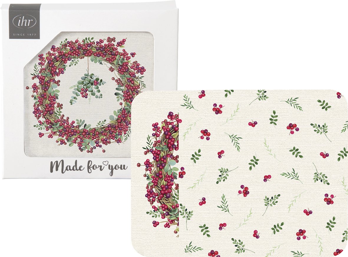 BERRY WREATH Cream 4 / Box, 2 different designs coasters (cork)