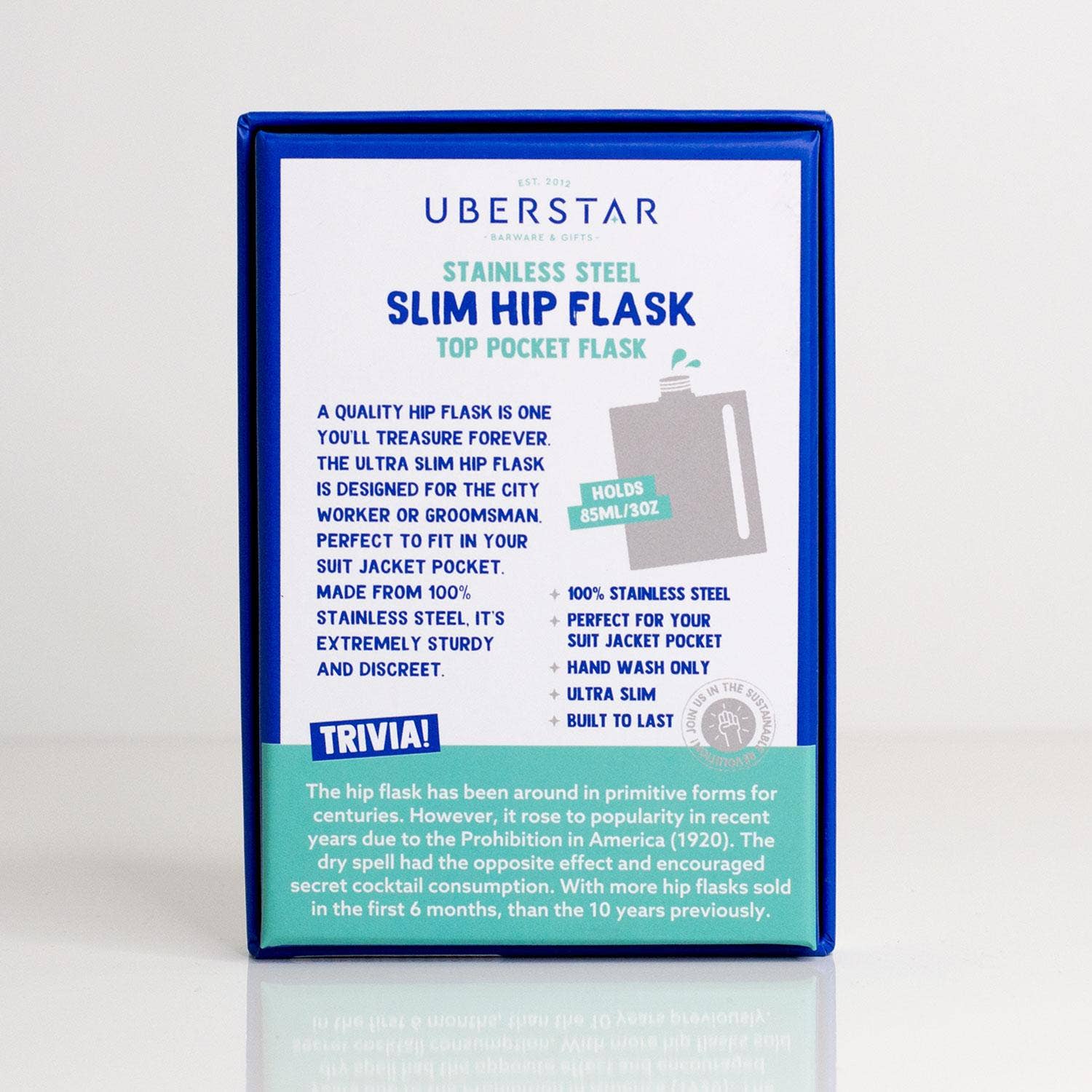 Uberstar Stainless Steel 3oz Slim Hip Flask