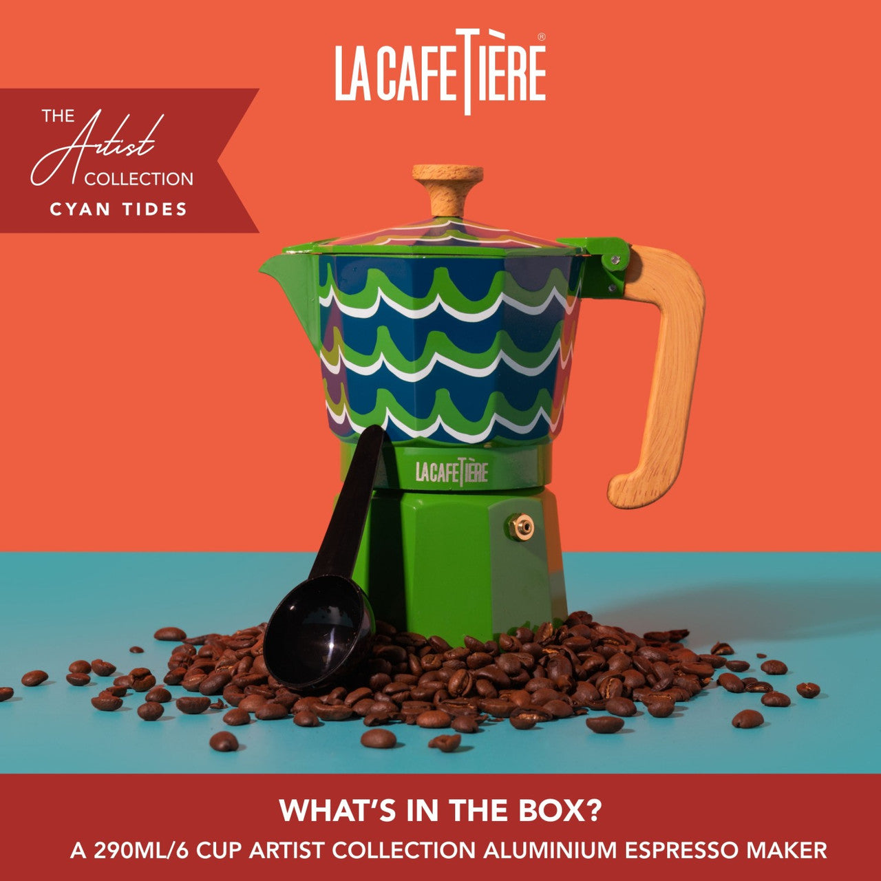 La Cafetière Venice 6 Cup Espresso Maker, Aluminium, 290ml, Cyan Tides