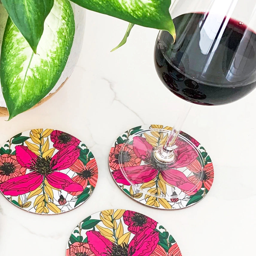 Bean & Bemble Coasters Box Set Round Melamine Wood Vivid Garden Blooms Floral