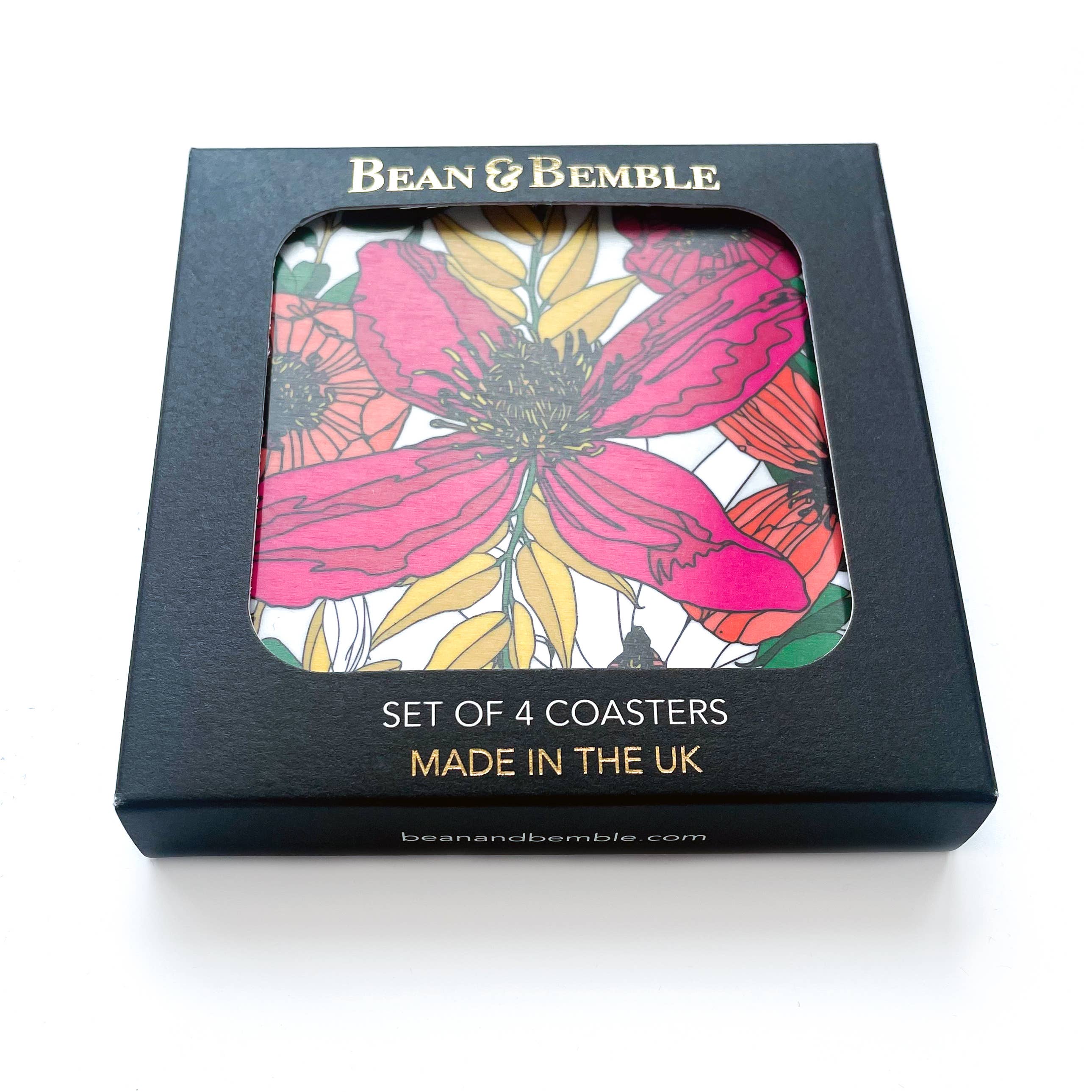 Bean & Bemble Coasters Box Set Round Melamine Wood Vivid Garden Blooms Floral