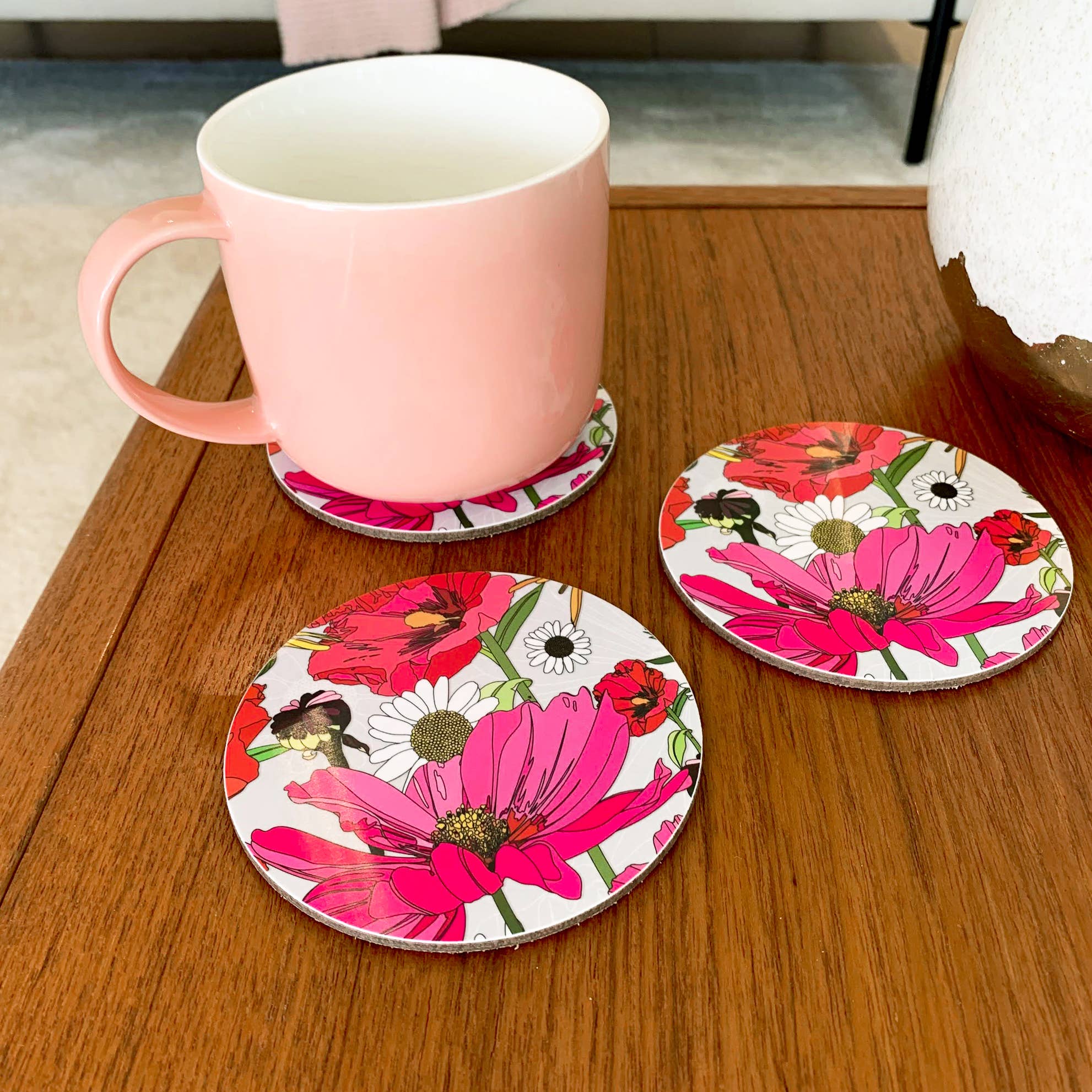 Bean & Bemble Coaster Round Melamine Wood Summer Poppies Grey Floral Pattern