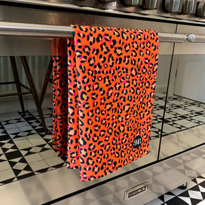 Bean & Bemble Wild Cat Leopard Print Coral Tea Towel