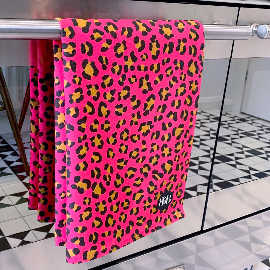 Bean & Bemble Wild Cat Leopard Print Hot Pink Tea Towel