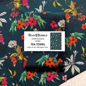 Bean & Bemble Tea Towel Cherry Blossom Floral Cotton Navy Blue
