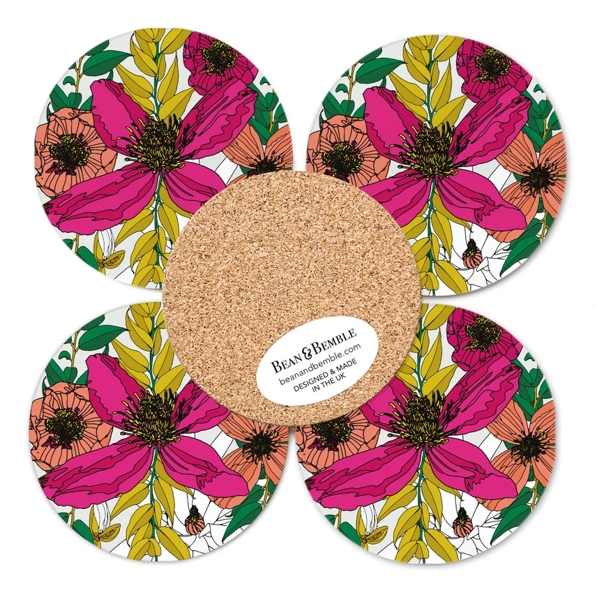 Bean & Bemble Coasters Box Set Round Melamine Wood Vivid Garden Blooms Floral